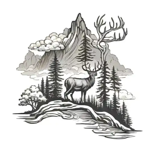 Outdoor Mountain Tall Trees Clouds Deer River