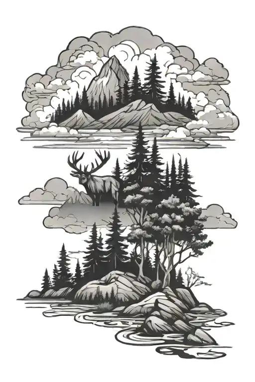 Outdoor Mountain Tall Trees Clouds Deer River
