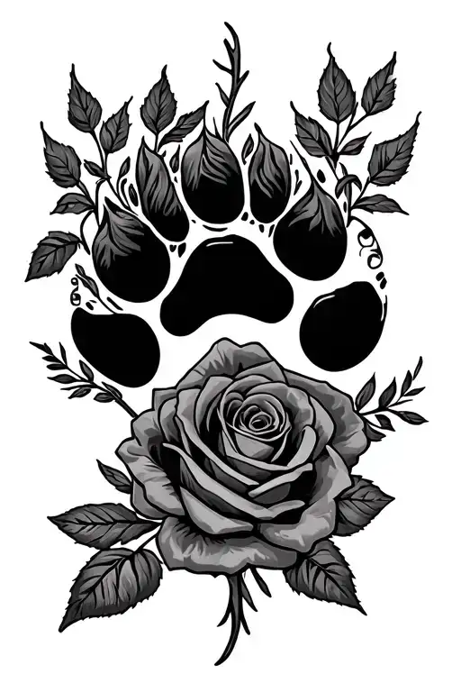Dog Paw Print And Roses Intertwined