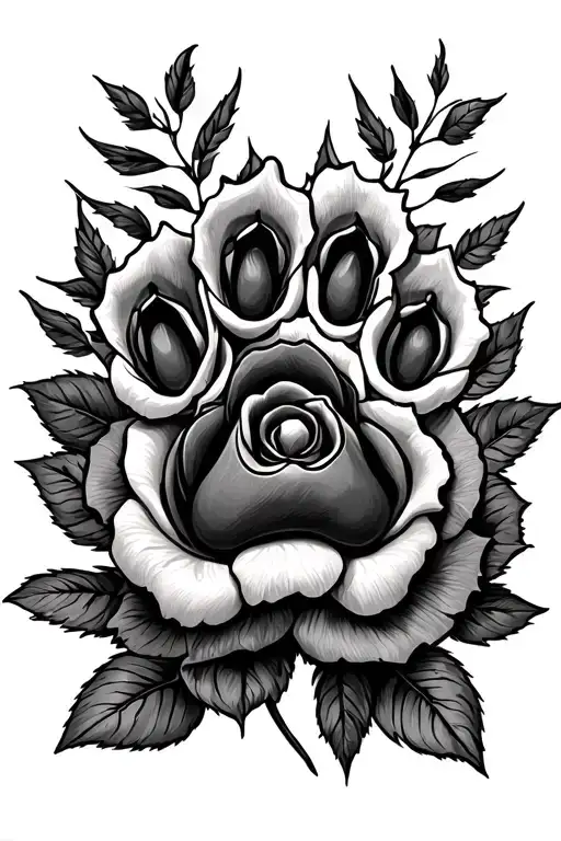 Dog Paw Print Infront Of Intertwined Roses