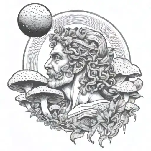 Greek God Of Psychedelics With Mushrooms Growing From Hair And A Moon In The Background