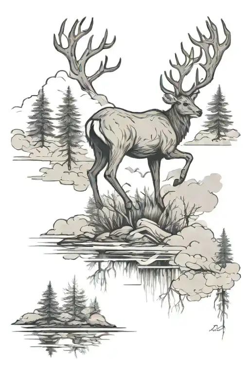 Long River Deer Trees Clouds