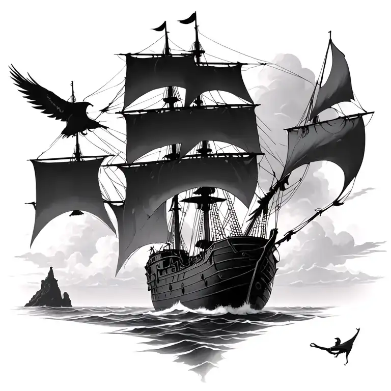 Phynex Flying Over A Pirate Ship Towards An Island