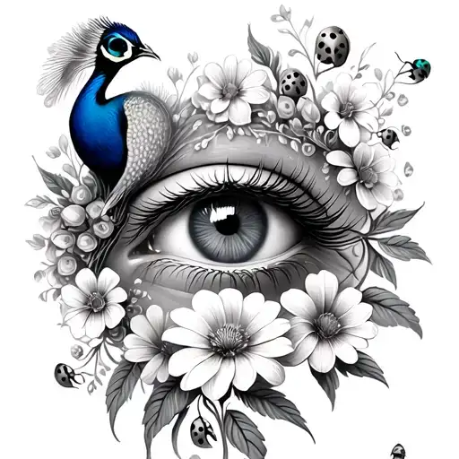 A Lot Of Flowers With A Peacock And Ladybugs And A Human Eye More Fluent And Together