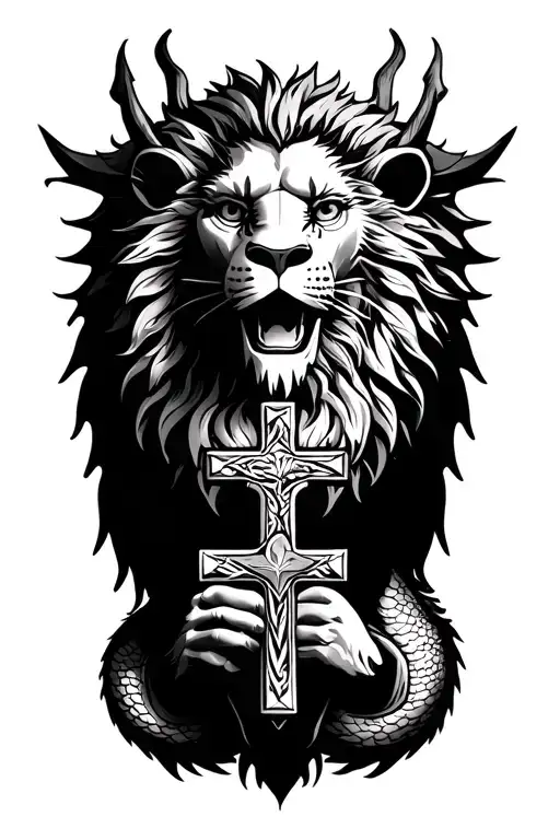 Lion Head On Dragon Body Holding Small Crucifix Not Symetrical