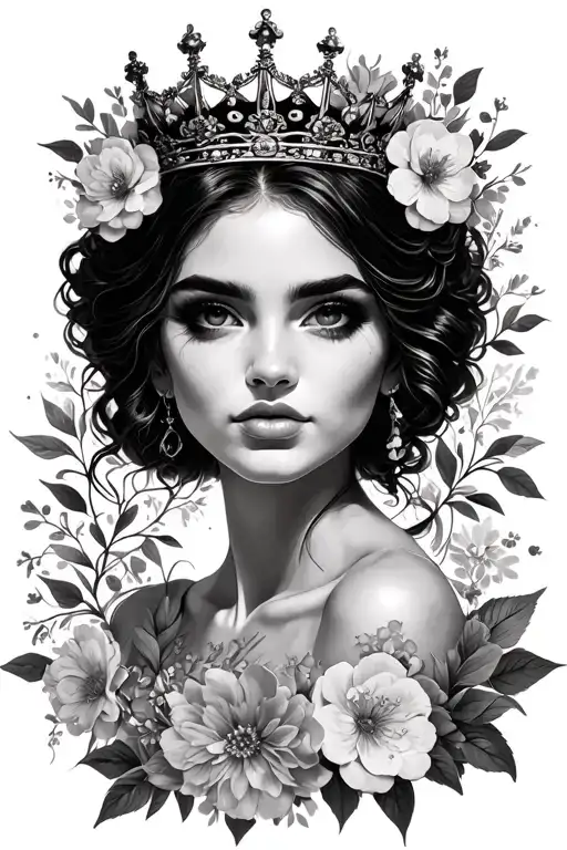 Portrait Beautiful Women Wearing A Queen Crown Flowers Surrounding