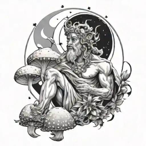 Greek God Of Festivities Surrounded By Mushrooms And Stars And A Moon