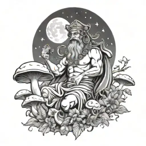 Greek God Of Festivities Surrounded By Mushrooms And Stars And A Moon
