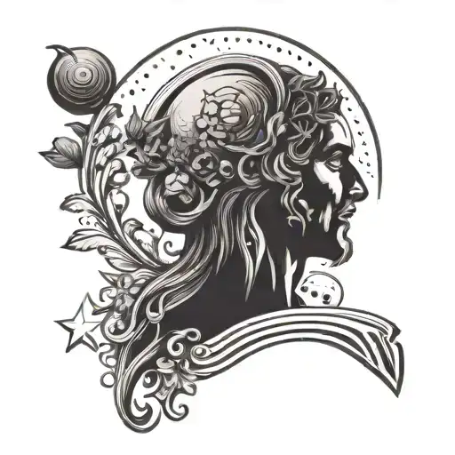 Greek God Of Wine Surrounded By Mushrooms And Stars And A Moon