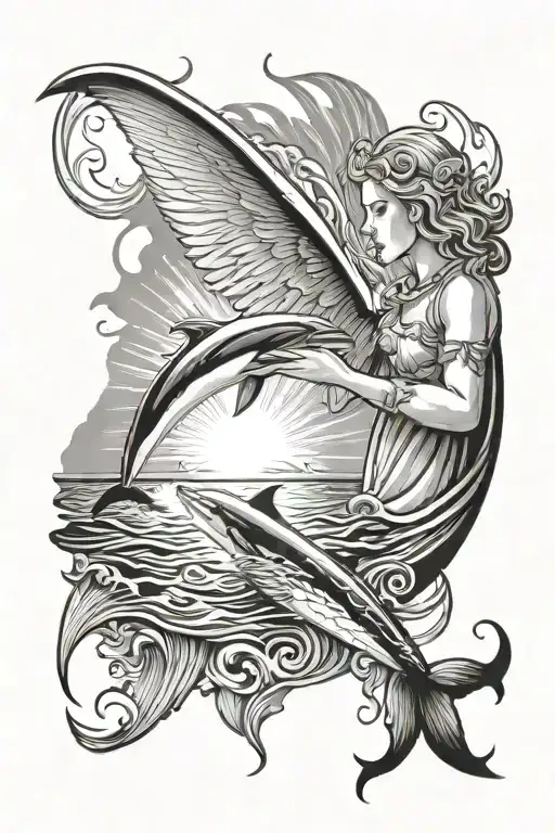 Light Rays Shining On An Angel Looking At A Dolphin