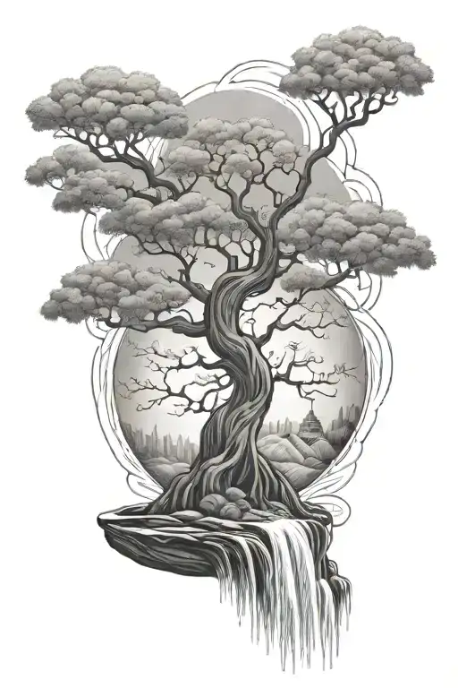 Tree Of Life Growing Out Of Waterfall Flowing