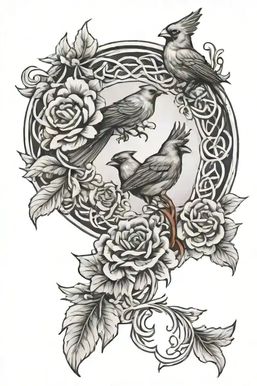 Celtic Clouds With Dutch Flowers In Between With A Cardinal Flying Downward At The Top