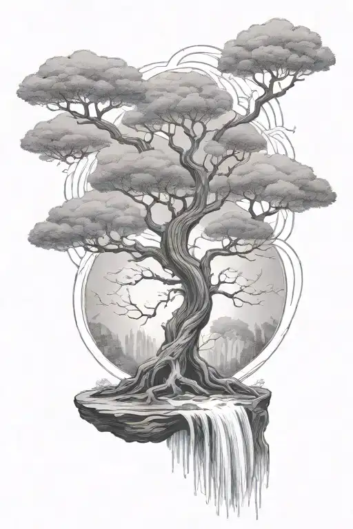 Tree Of Life Growing Out Of Waterfall Flowing