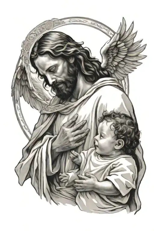Jesus Holding And Looking At A Baby Angle The Baby Angle Having Wings And A Halo