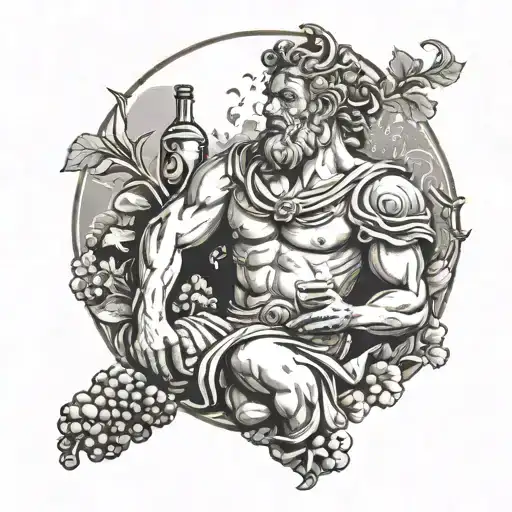 Greek God Of Wine Surrounded By Mushrooms And A Moon