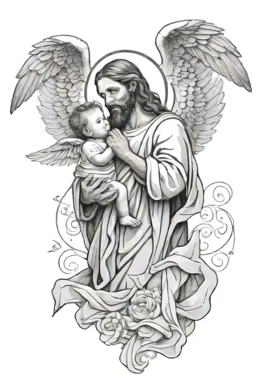 Jesus Holding And Looking At A Baby Angle The Baby Angle Having Wings And A Halo