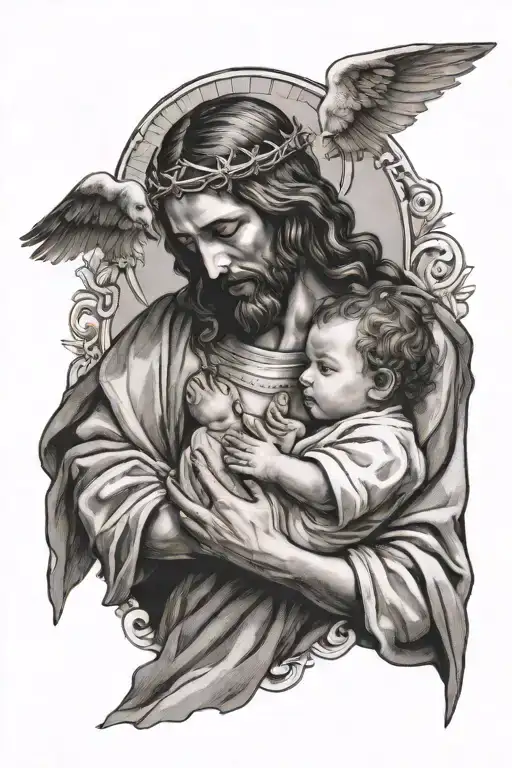 Jesus Holding And Looking At A Baby Angle The Baby Angle Having Wings And A Halo