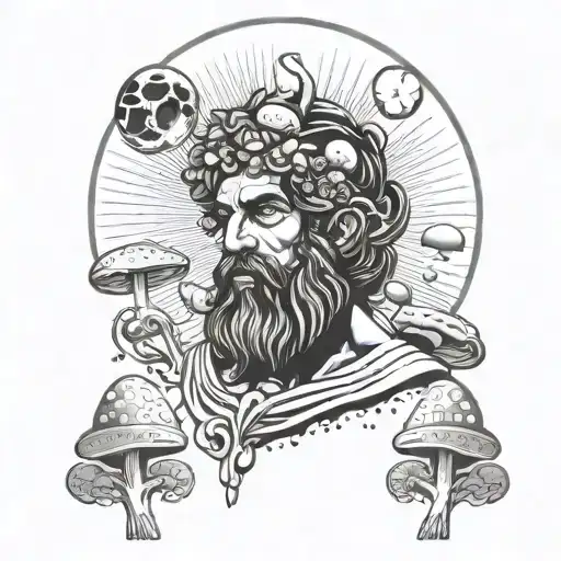 Greek God Of Psychedelics Surrounded By Mushrooms And A Moon