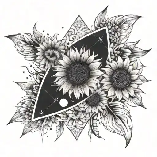 Rhombus That Has A Galaxy In The Center And Sunflowers