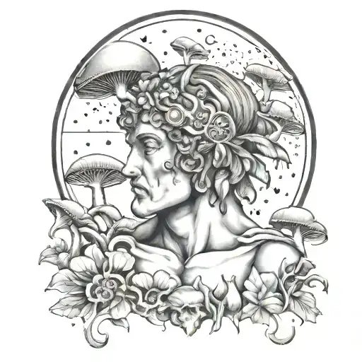 Greek God Of Psychedelics Surrounded By Mushrooms And A Moon