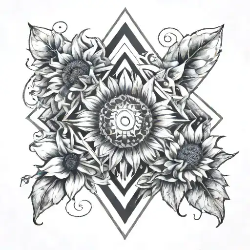 Rhombus That Has A Galaxy In The Center And Sunflowers