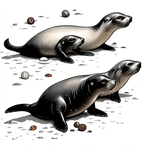 Four Salty Seals On Beach With Nutella And M&ms