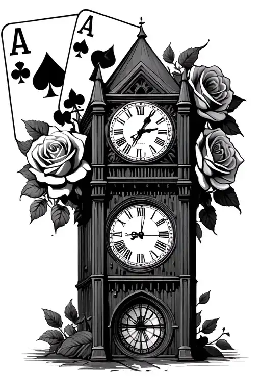 Clock Tower With Roses And Ace Of Spades
