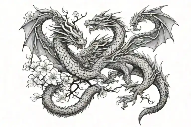 Dragons And Cherry Blossom Tree