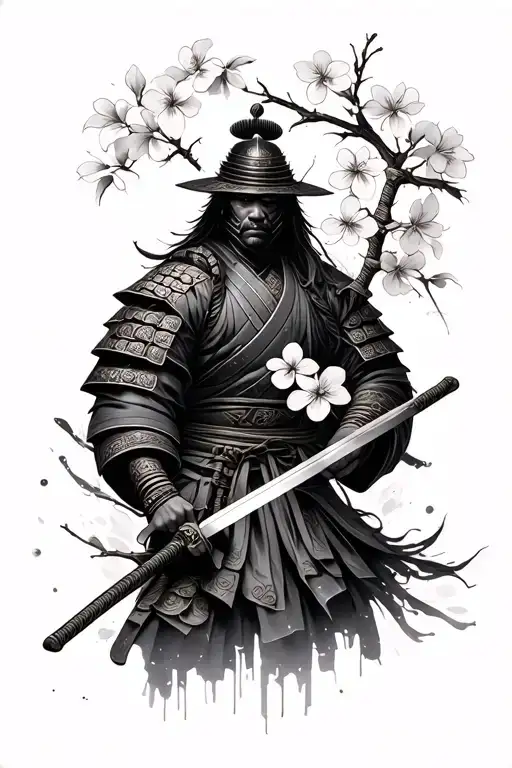 Samurai Warrior Holding Sword With Cherry Blossums