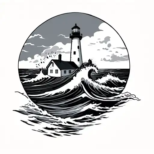 Waves Crashing Into Lighthouse Thin Line