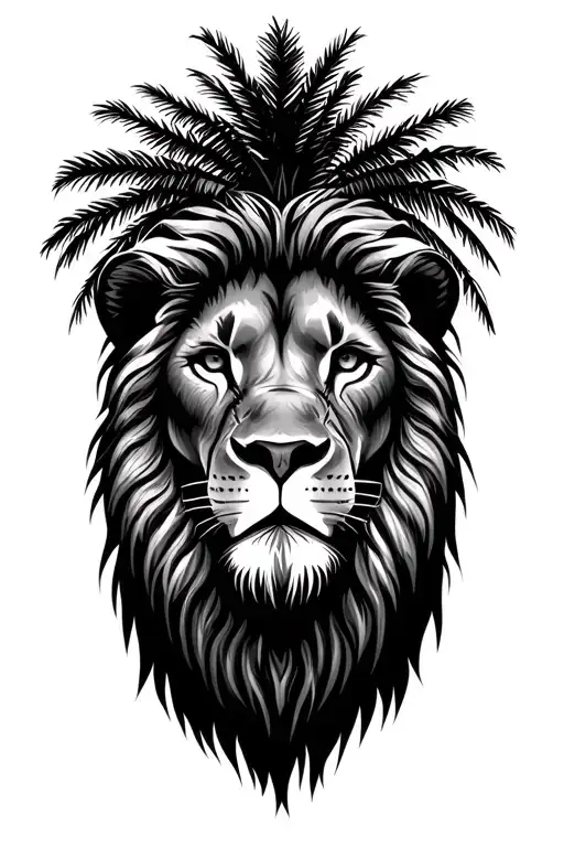 Lion Head Surrounded By Palm Trees
