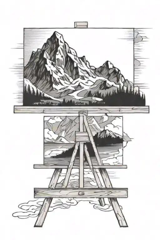 Easel With A Mountain Range Half Black And White And Half With Color