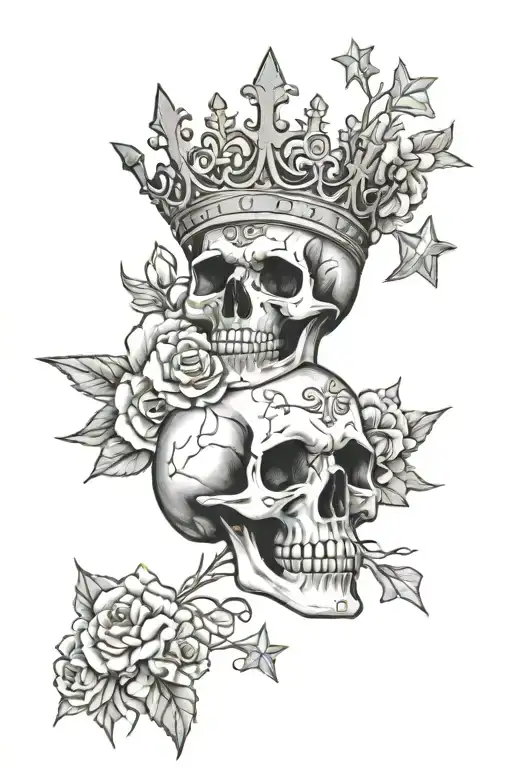 Skull Wearing A Laurel Wreath Crown On A Bed Of Carnations With Three Cross-like Stars Surrounding
