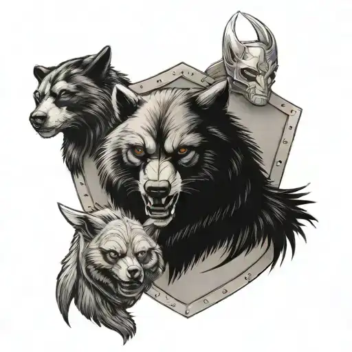 A Shield Divided In Four With An Engraving Of A Wolverine A Wolf A Raven And A Panda