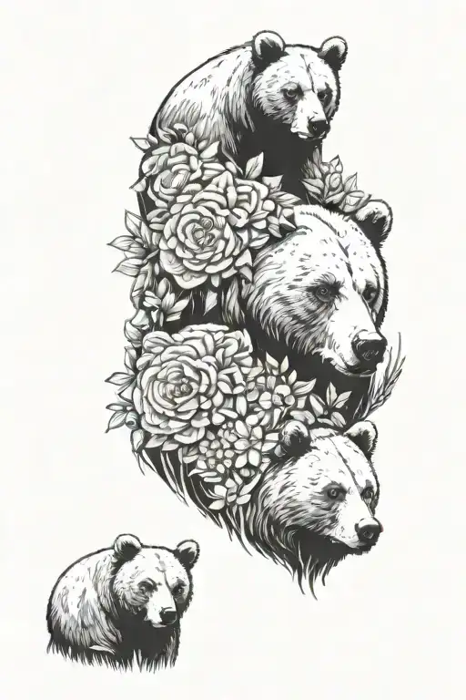 Momma And Daddy Bear With 3 Cubs With Wild Flowers Sleeve