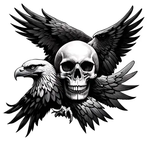 Skull Surrounded By Eagles Wing Shown