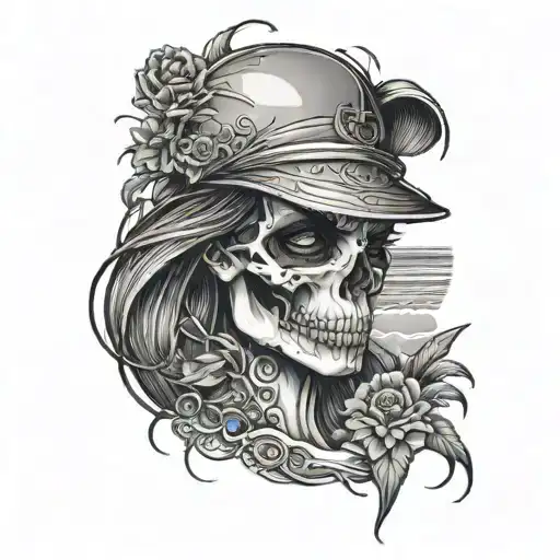 Half Skull Half Woman At Beach Scene