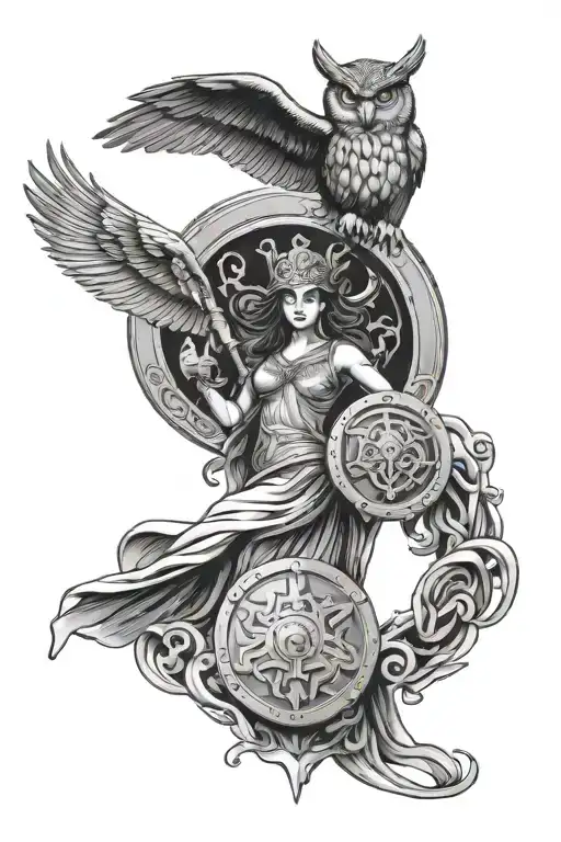 Athena Mythology With Owl Flying And Medusa Shield