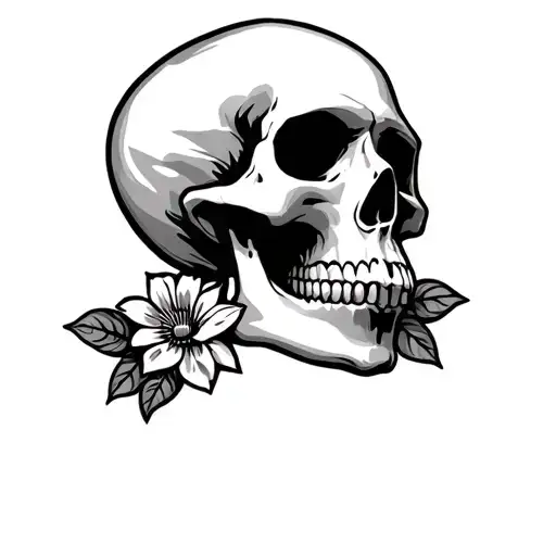 A Black And Grey Tattoo Of A Skull With A Flower And Leaves