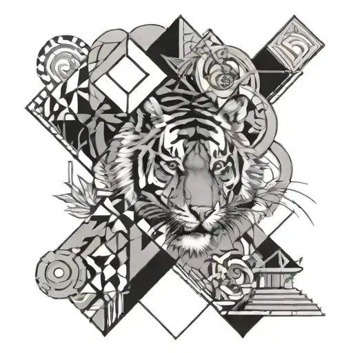 An Abstract Art Piece Featuring A Tiger And Celestial Elements In A Geometric Architectural Style