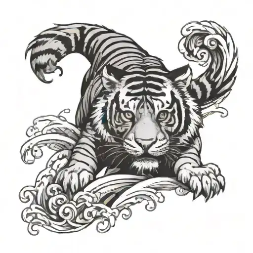 Traditional Tiger Surrounded By Waves