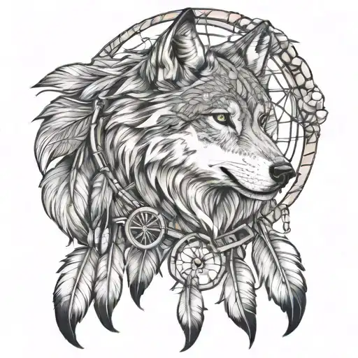 Wolf And Dreamcatcher Tattoo Line Drawing