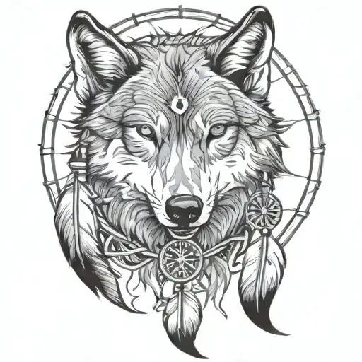 Wolf And Dreamcatcher Tattoo Line Drawing Basic