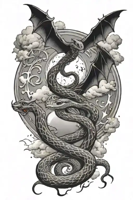 Snakes Fading Into Clouds And Sky With Bats Flying To A Moon