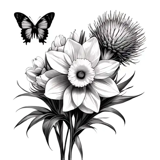 Daffodils Scottish Thistle And Butterfly