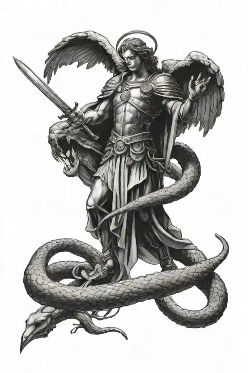Archangel Michael Standing On A Snake And Killing Him With A Sword