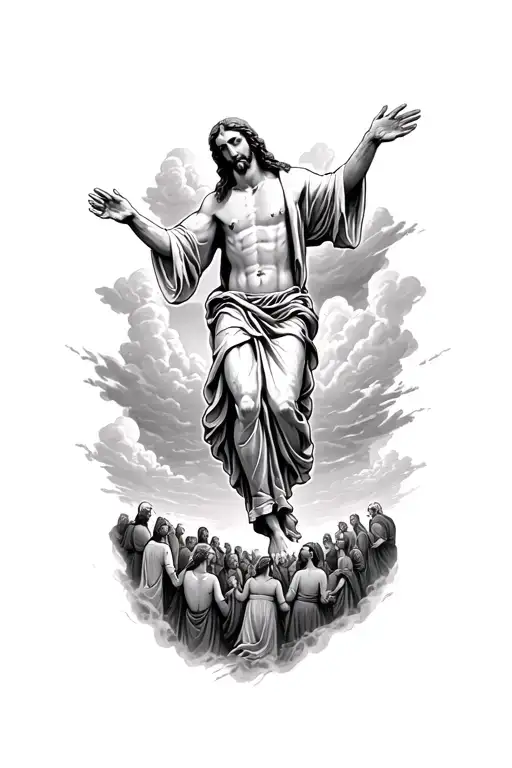 Jesus In The Air With Clouds And A Crowd Of People Looking At Him