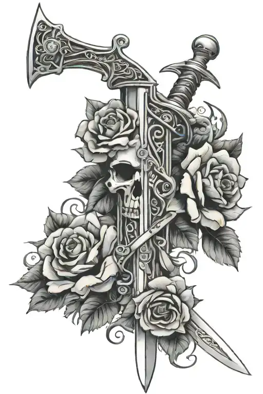 A Sword With Flower And Three Hidden Medusa Heads