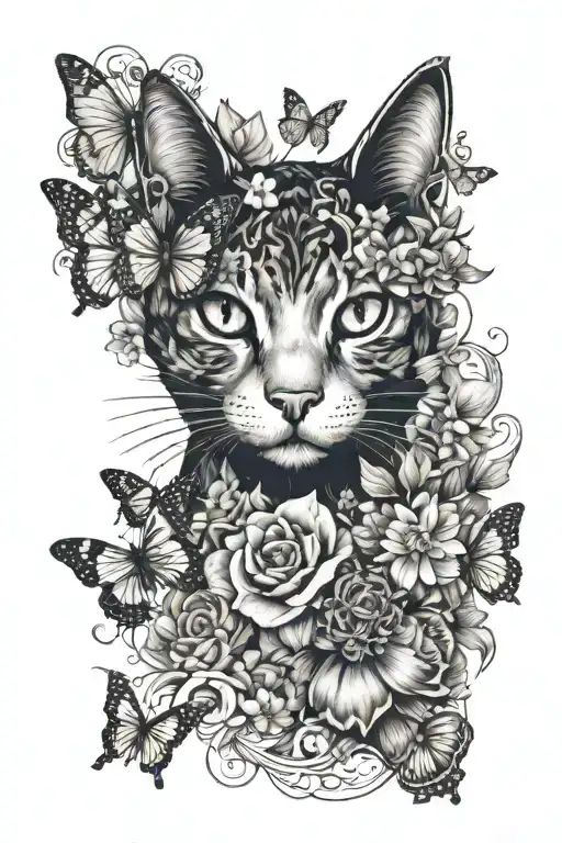 Cat Face Surrounded By Flowers And Butterflies