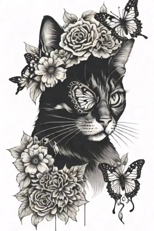 Cat Face With Flowers And A Butterfly